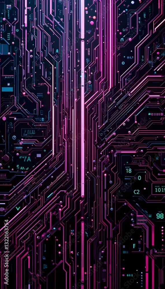 Fototapeta premium Circuit Board Abstraction: A mesmerizing close-up of a futuristic circuit board, alive with vibrant neon pathways and intricate electronic networks, represents the core of technology. 