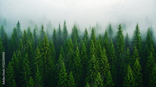Mystical Foggy Forest Landscape: Aerial View of Green Pine Trees in Misty Mountain Woodlands, Nature Photography.
