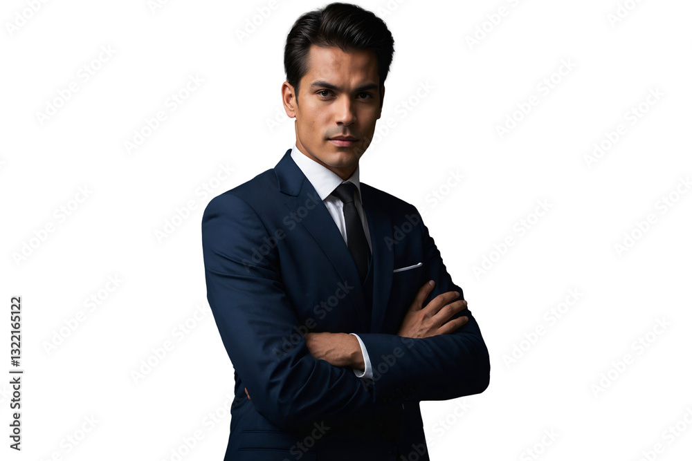 Confident Young Businessman in a Formal Navy Suit with Folded Arms, isolated on transparent background Confident Young Businessman in a Formal Navy Suit with Folded Arms, isolated on transparent background