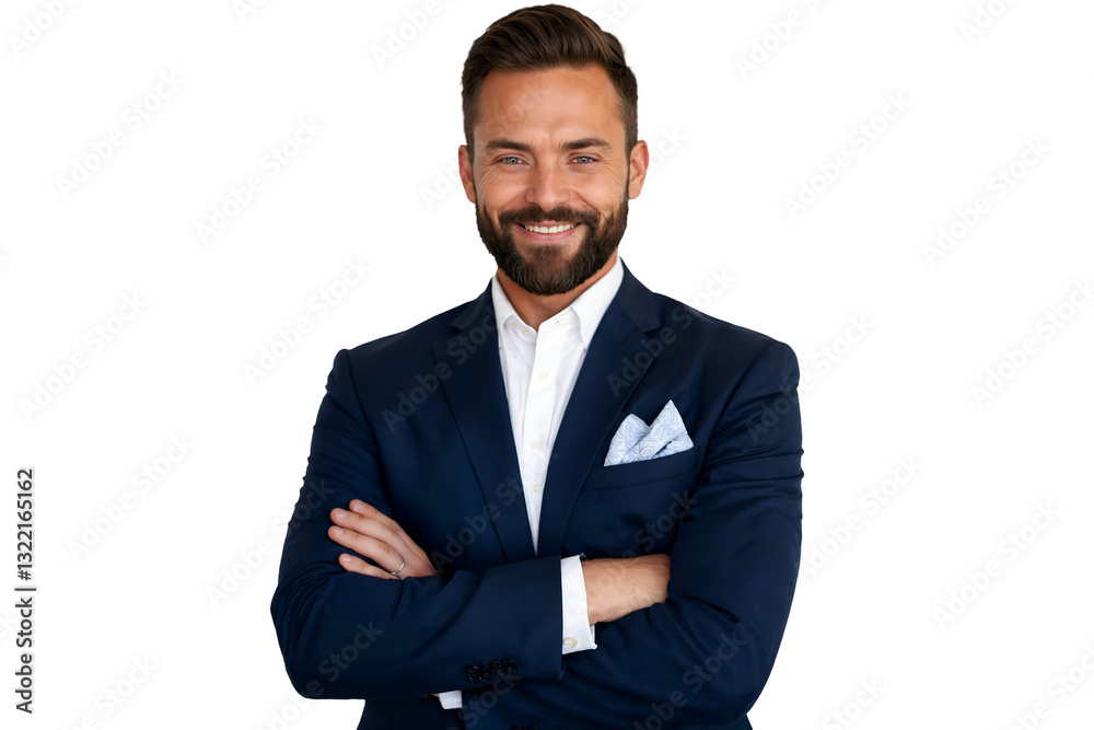 Confident Young Businessman in a Formal Navy Suit with Folded Arms, isolated on transparent background Confident Young Businessman in a Formal Navy Suit with Folded Arms, isolated on transparent background
