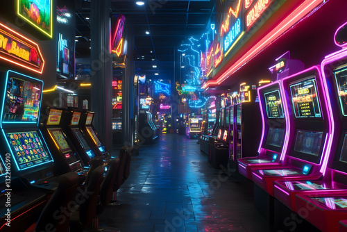 Neon-lit gaming district infrastructure