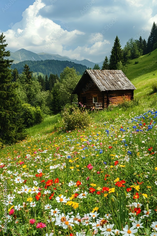 Fototapeta premium A wooden hut nestled among green hills and mountains, surrounded by lush evergreen trees