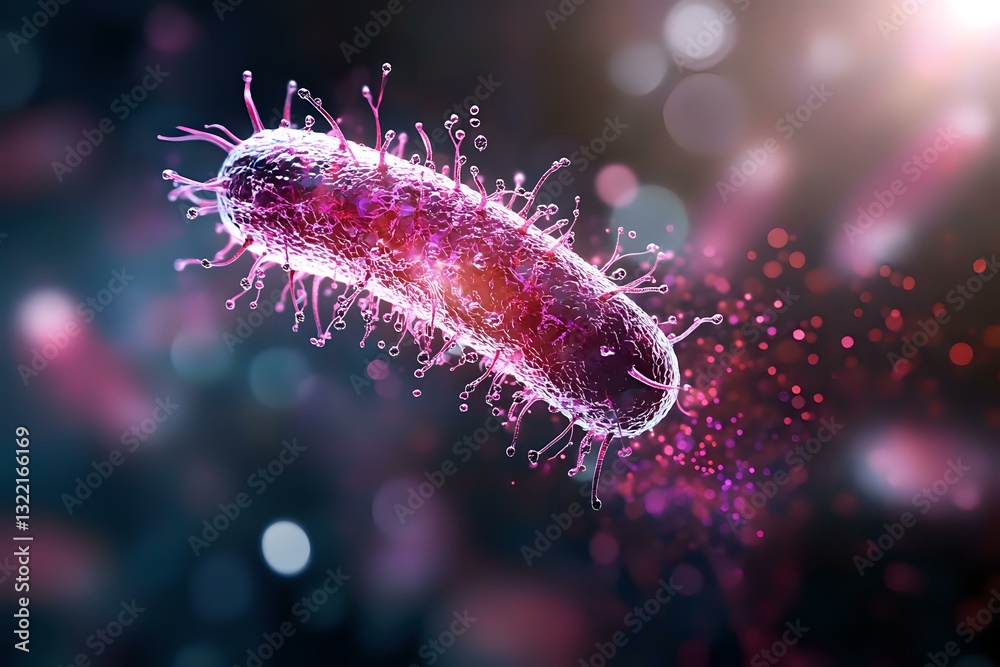 Pink glowing bacteria cell with detailed surface proteins and receptors floating in dark microscopic environment with bokeh light effects and particles. Pink glowing bacteria cell with detailed surface proteins and receptors floating in dark microscopic environment with bokeh light effects and particles.