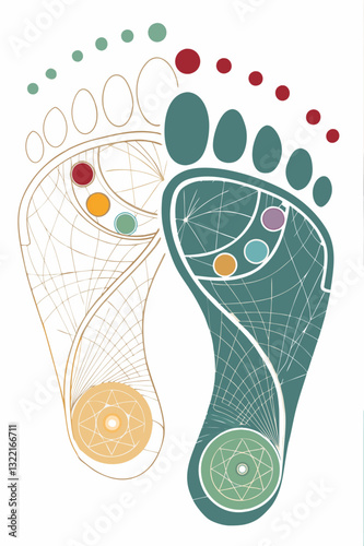 Artistic representation of acupuncture feet concept with energy points and geometric network design, vector illustration on white background