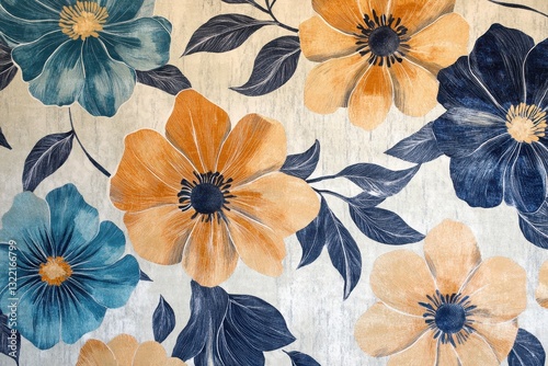 Watercolor Flowers In Teal Blue And Orange Colors On Patterned Background