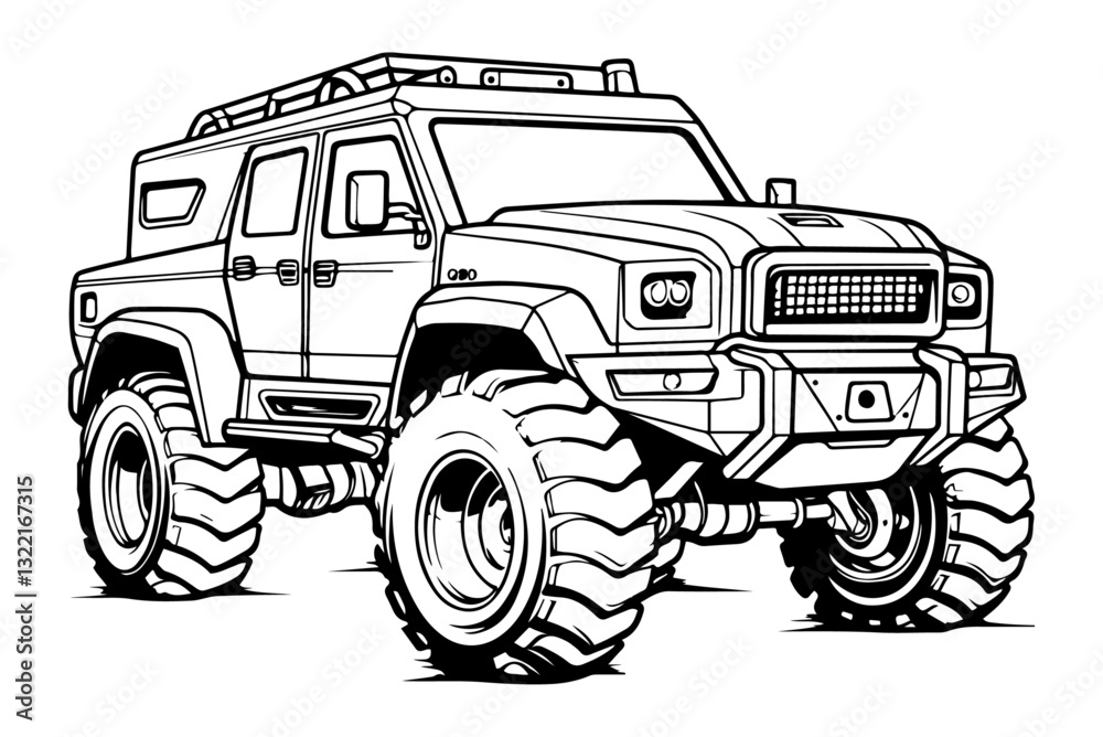 Obraz premium Massive off-road truck with thick tires, rugged design, and heavy-duty frame, in black-and-white sketch style.