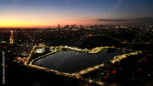 night aerial view of Olarias Lake in the city of Ponta Grossa in Paraná, Brazil
