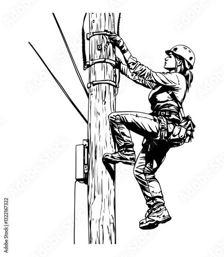 Female worker climbing a utility pole, wearing safety gear and harness, depicted in black-and-white sketch style.