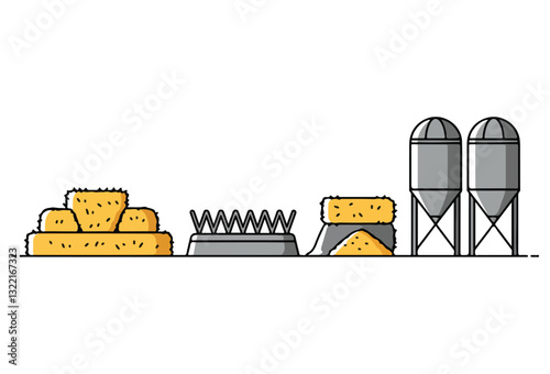 Livestock Feed vectors, A linear style icon depicting a feed bag used in livestock care and dairy production. This illustration represents animal feeding and agricultural practices, featuring.