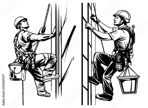 Two industrial workers climbing structures, using safety harnesses, ropes, and tools, depicted in black-and-white sketch style