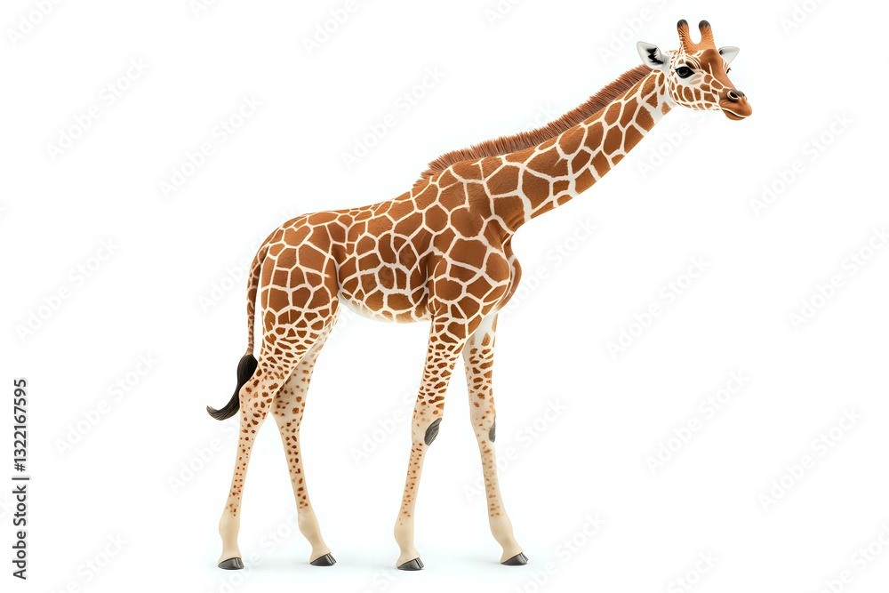 Obraz premium Reticulated giraffe standing in profile view on white background, detailed natural pattern and coloring shows distinctive markings of African wildlife species.