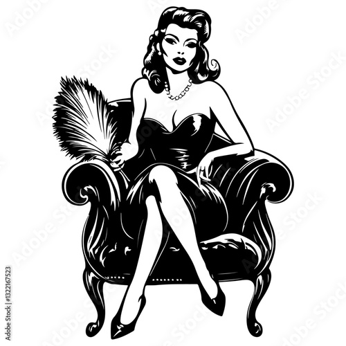 A glamorous woman in a vintage chair, holding a feather fan. Black and white vector design. 