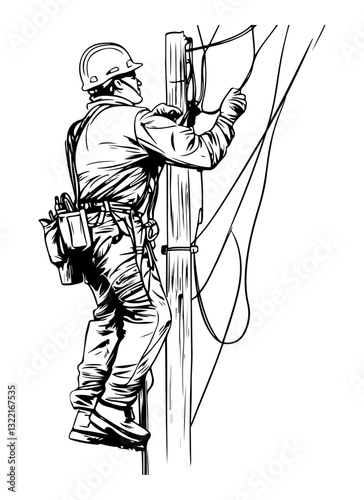 A lineman climbing a utility pole, fixing wires. Black and white vector design