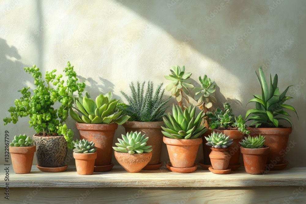 Fototapeta premium A collection of succulents in terracotta pots basking in sunlight, showcasing various textures and shades of green.