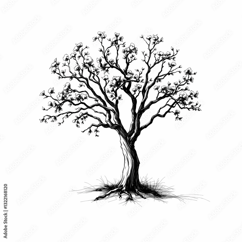 Fototapeta premium Ink Tree Silhouette: An artistic, black and white illustration of a mature tree in full bloom, evoking a sense of nature's beauty and resilience.