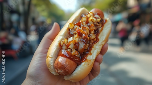 A hand grips a hot dog generously covered in barbecue sauce and diced onions, with a bustling street and people in the background on a sunny day.