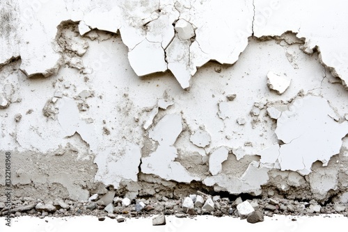 Damaged exterior wall with extensive cracking and peeling paint photo