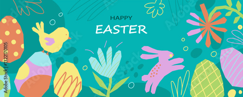 Horizontal banner Happy Easter. Easter eggs, rabbit, chicken and flowers in naive minimalist style. Greeting card, poster, holiday cover or web banner. For ads, print. Vector illustration.