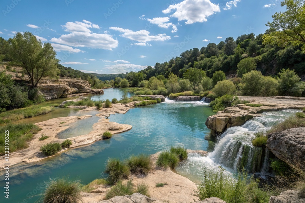 Fototapeta premium There is a beautiful river flowing gently through a lush and vibrant green forest area nearby
