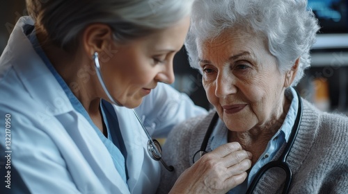 Physician listening senior woman back lungs through stethoscope. Hospitalized elderly woman sitting on bed while doctor checking her breathe and heartbeat. Doctor auscultate heart of old patient.