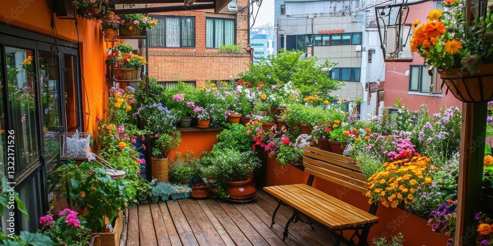 Naklejka premium A colorful urban balcony garden filled with flowering plants and flowers