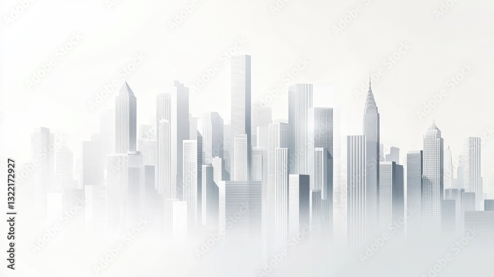 White background, city skyline, vector illustration style, simple lines, high-end aesthetic, light gray and white color scheme, urban architecture White background, city skyline, vector illustration style, simple lines, high-end aesthetic, light gray and white color scheme, urban architecture