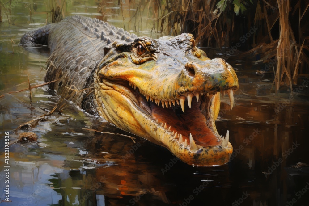 Obraz premium American Alligator With Open Mouth, Showing Its Teeth In. Swamp Habita. Dangerous Predator