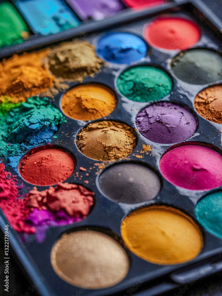 Colorful eye shadow palette, close-up view of vibrant hues Colorful eye shadow palette, close-up view of vibrant hues