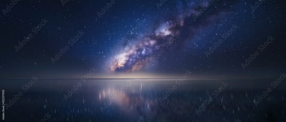 Milky Way Galaxy Reflected on a Calm Ocean Under a Starry Night Sky Milky Way Galaxy Reflected on a Calm Ocean Under a Starry Night Sky