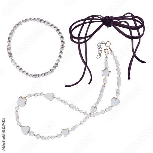 Watercolor illustrations of beautiful women's accessories. Hand-drawn set of isolated llustration necklace on a white background. Stylish and realistic pictures of jewelry for textiles, printing and