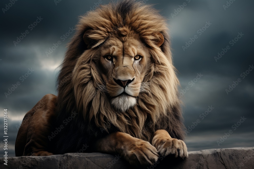 Obraz premium Majestic Male Lion Portrait Against Stormy Sky, King of the Jungle in Thoughtful Pose