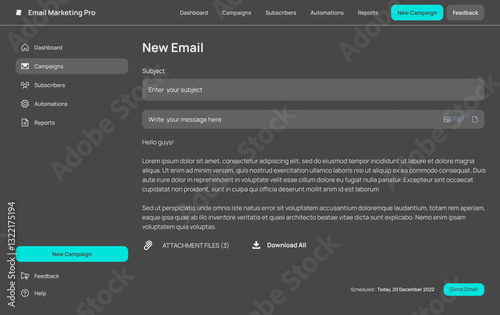 Email marketing Campaign CMS, Reporting Software, Mailchimp Analytics dark dashboard black Template