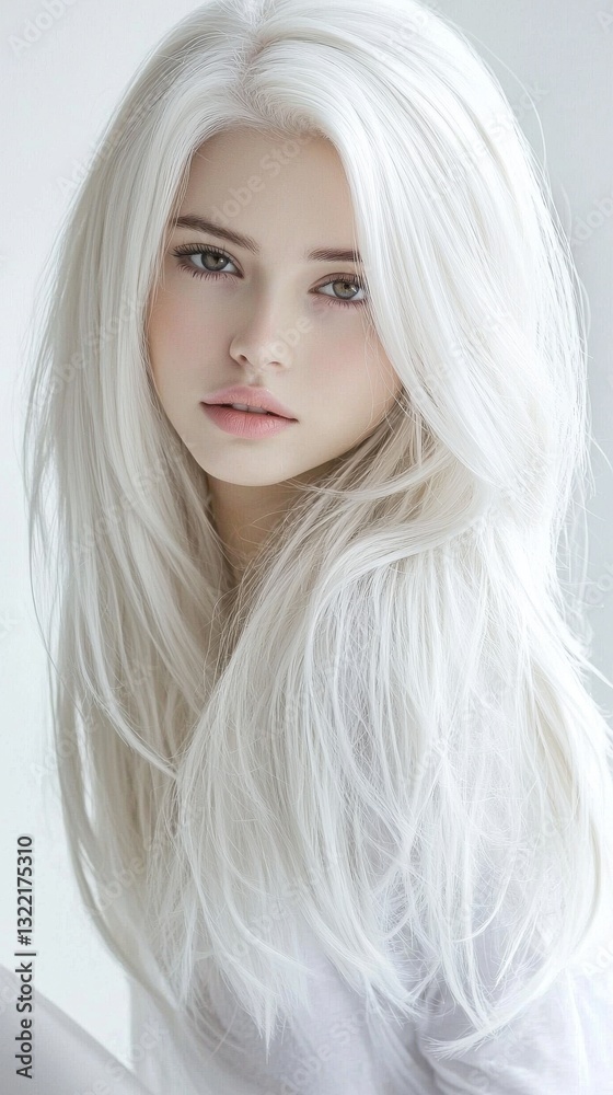 Fototapeta premium A woman with long white hair is sitting in a white shirt
