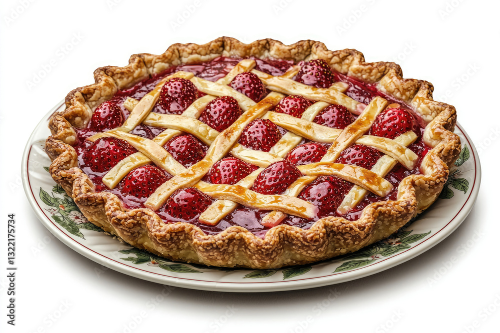 A delicious strawberry pie with a lattice crust, perfect for dessert. A delicious strawberry pie with a lattice crust, perfect for dessert.