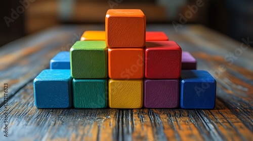 Bold arrangement of stacked colorful blocks forming an eye-catching pyramid structure