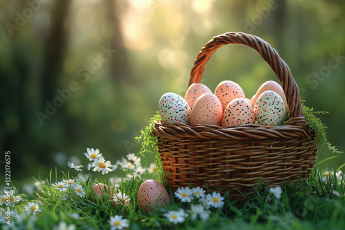 A wicker basket with colorful speckled Easter eggs sits on green grass among daisies. Sunlight filters through trees, creating a natural outdoor background. photo