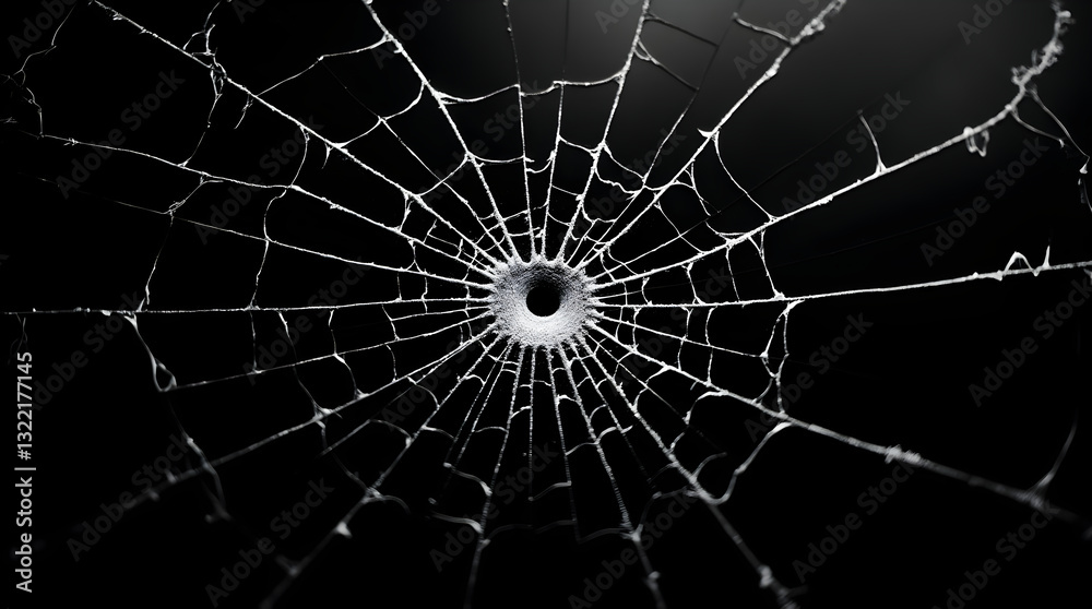 Obraz premium Dramatic Cracked Glass Spiderweb Texture Broken Hole on Black Background