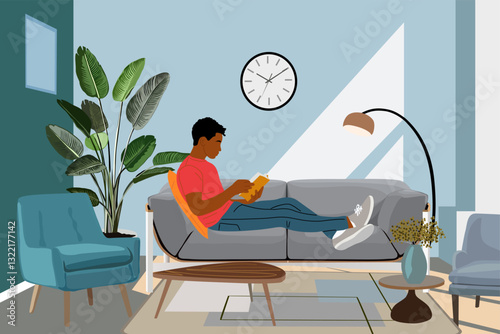 Young man lying on the sofa in modern living room, reading book. Handsome guy, student studying and preparing for examination. Male cartoon character in comfortable interior. Vector illustration.