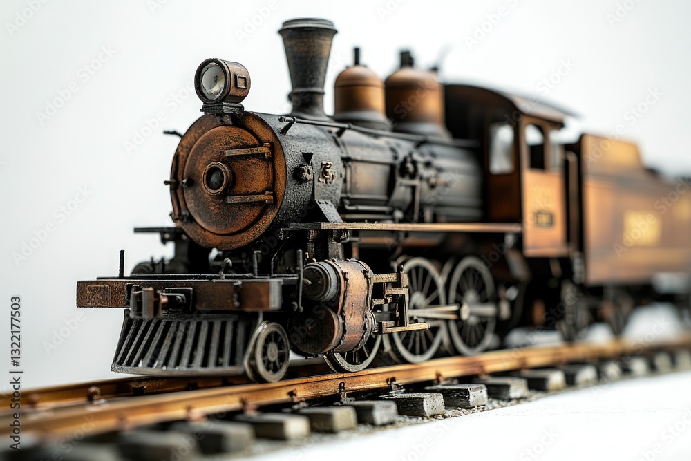 Obraz premium A weathered vintage steam locomotive model rests on a miniature railway track, showcasing intricate details and rustic charm.