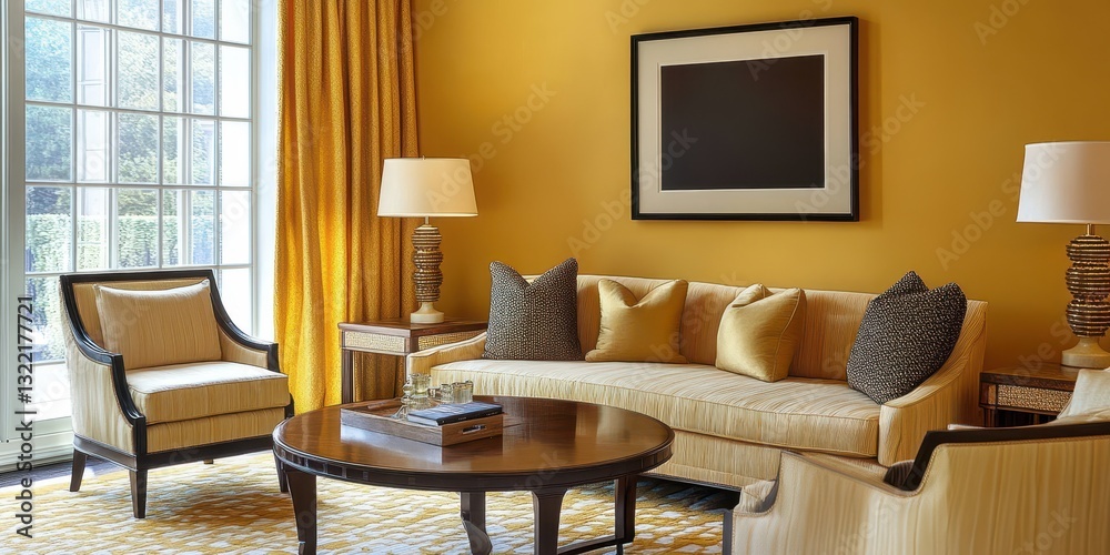A warm and inviting living room with yellow color scheme A warm and inviting living room with yellow color scheme