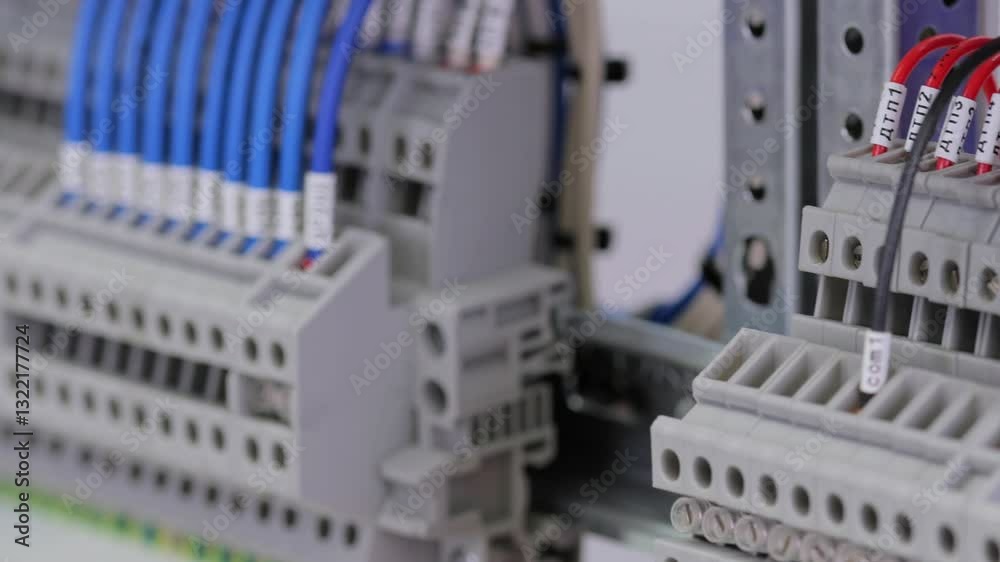 Electrical screw feed-through terminals with connected insulated wires with markings. Electrical screw feed-through terminals with connected insulated wires with markings.