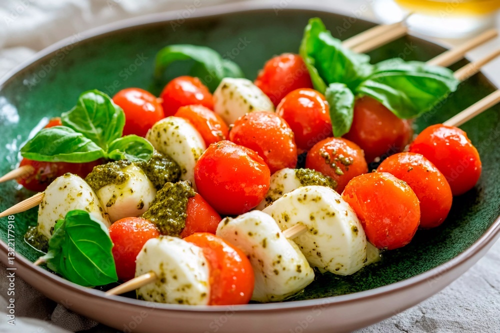 Colorful skewers featuring cherry tomatoes, mozzarella balls, and fresh basil drizzled with pesto, arranged beautifully on a green plate at a summer gathering Colorful skewers featuring cherry tomatoes, mozzarella balls, and fresh basil drizzled with pesto, arranged beautifully on a green plate at a summer gathering