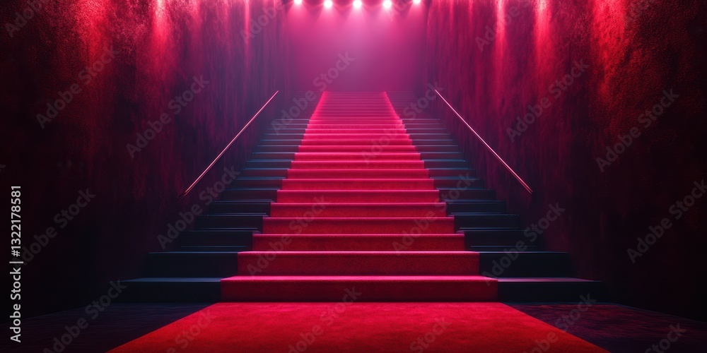 Vibrant red staircase illuminated by soft lights in a dramatic indoor setting Vibrant red staircase illuminated by soft lights in a dramatic indoor setting