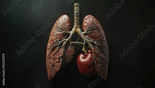 Detailed digital rendering of human lungs and heart, dark background, pixelated texture photo