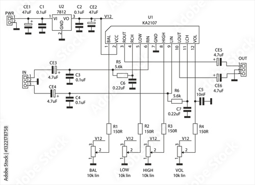 Schematic diagram of electronic device on sheet of paper. Vector drawing electrical circuit with
capacitor, resistor, integrated circuit of volume control,
voltage converter, other components.