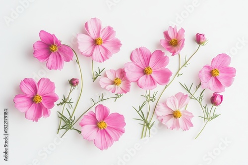 Wallpaper Mural Pink Flowers And Buds With Green Stems Over White Surface Torontodigital.ca