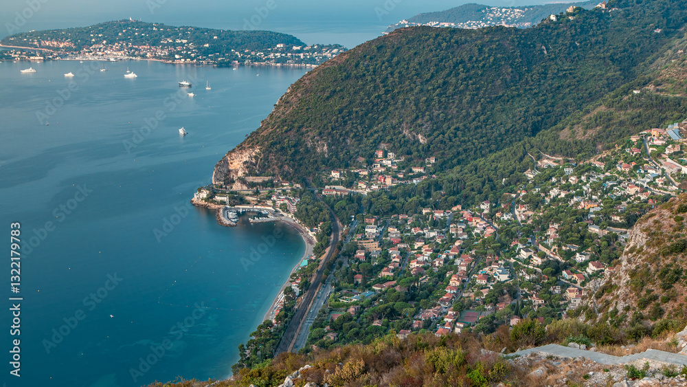 Fototapeta premium Morning timelapse view of the Mediterranean coastline of the town of Eze village on the French Riviera