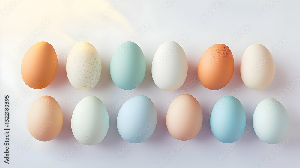 Twelve Pastel Colored Chicken Eggs Arranged In Two Rows On A Bright White Background With Soft Sunlight From Top Twelve Pastel Colored Chicken Eggs Arranged In Two Rows On A Bright White Background With Soft Sunlight From Top
