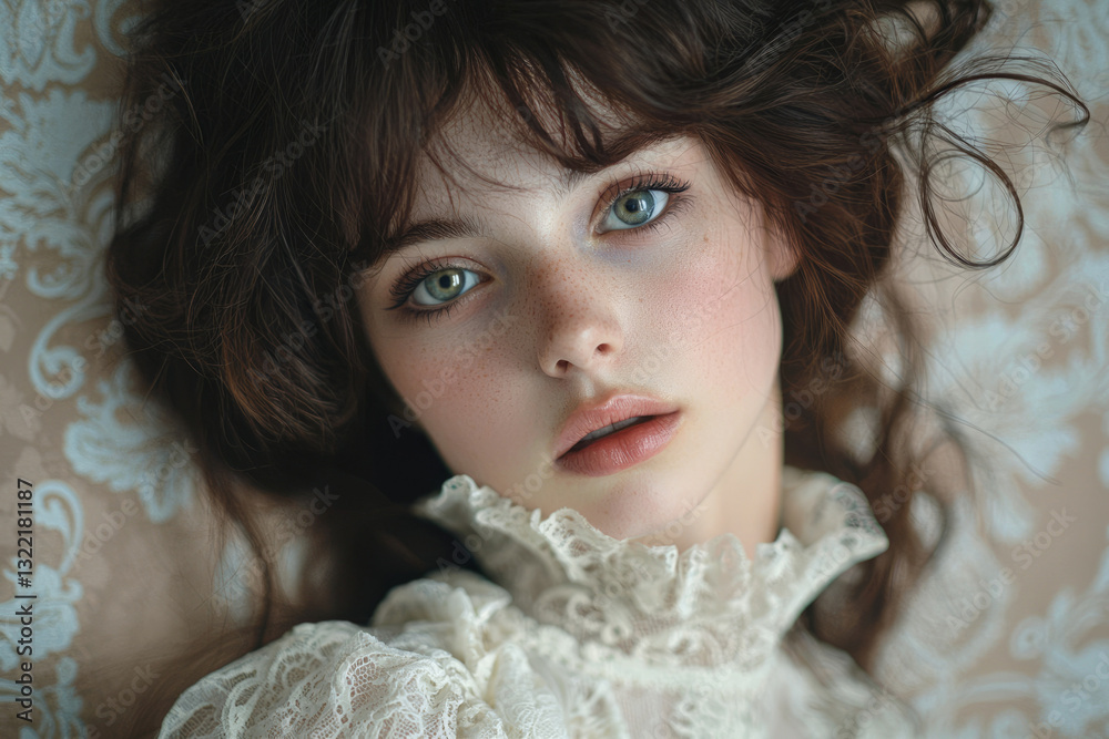 A young woman with dark hair and blue eyes lies on a lace-covered pillow, gazing directly at the camera. A young woman with dark hair and blue eyes lies on a lace-covered pillow, gazing directly at the camera.
