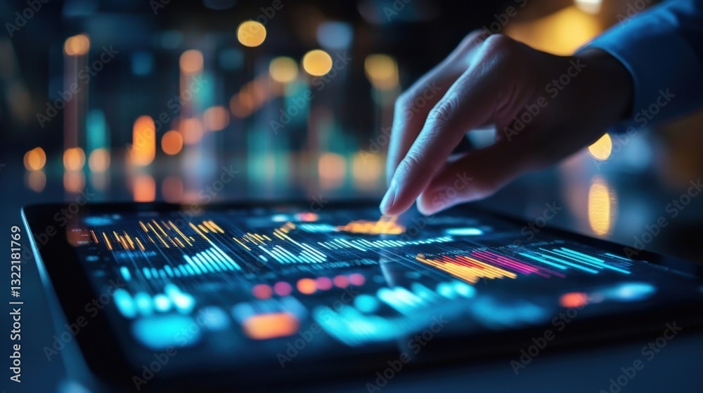 Fototapeta premium Businessman using a digital tablet and analyzing financial charts, working late at night in a modern office with city lights bokeh in the background